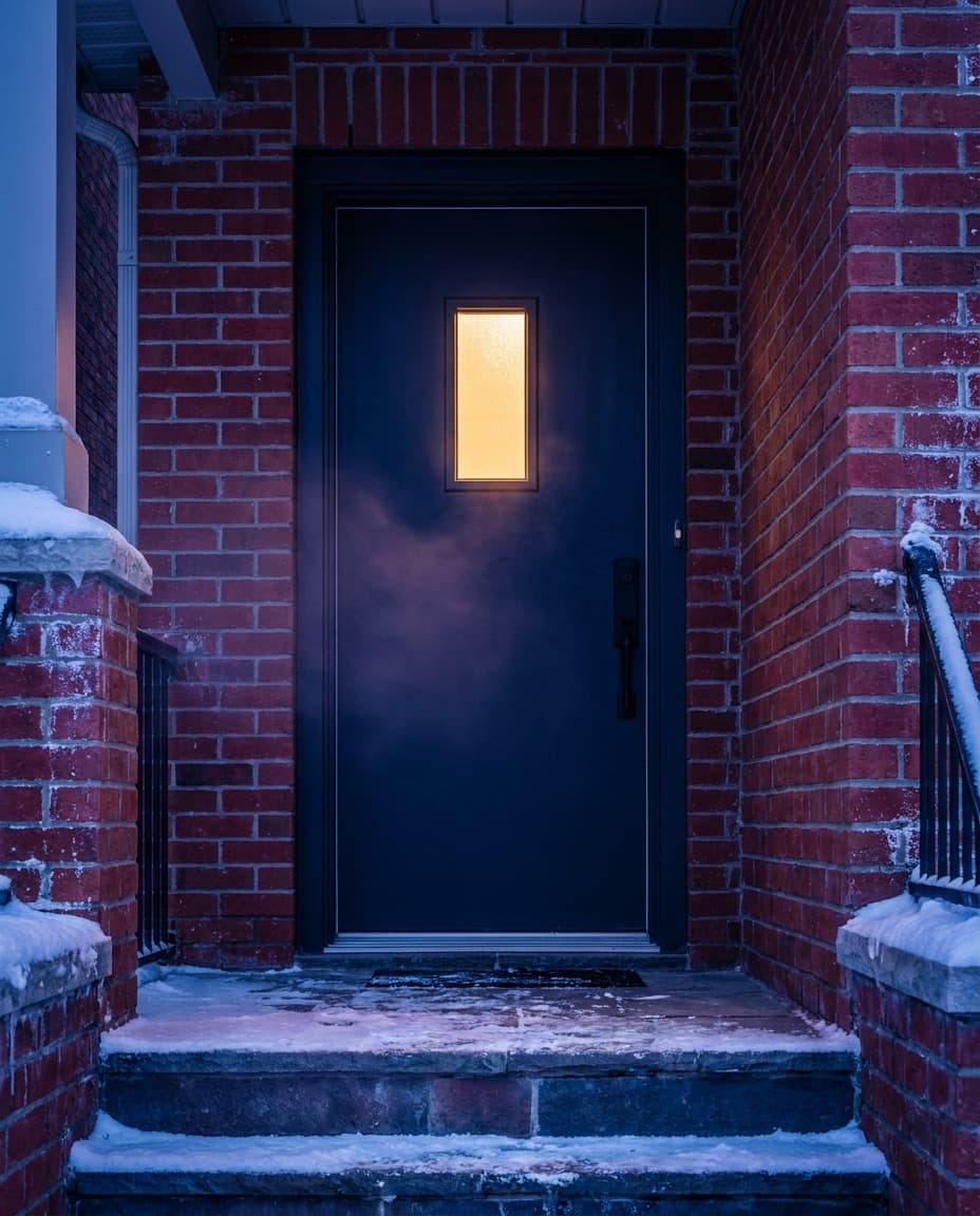 A closed door with visible compression weatherstripping sealed tight against the frame