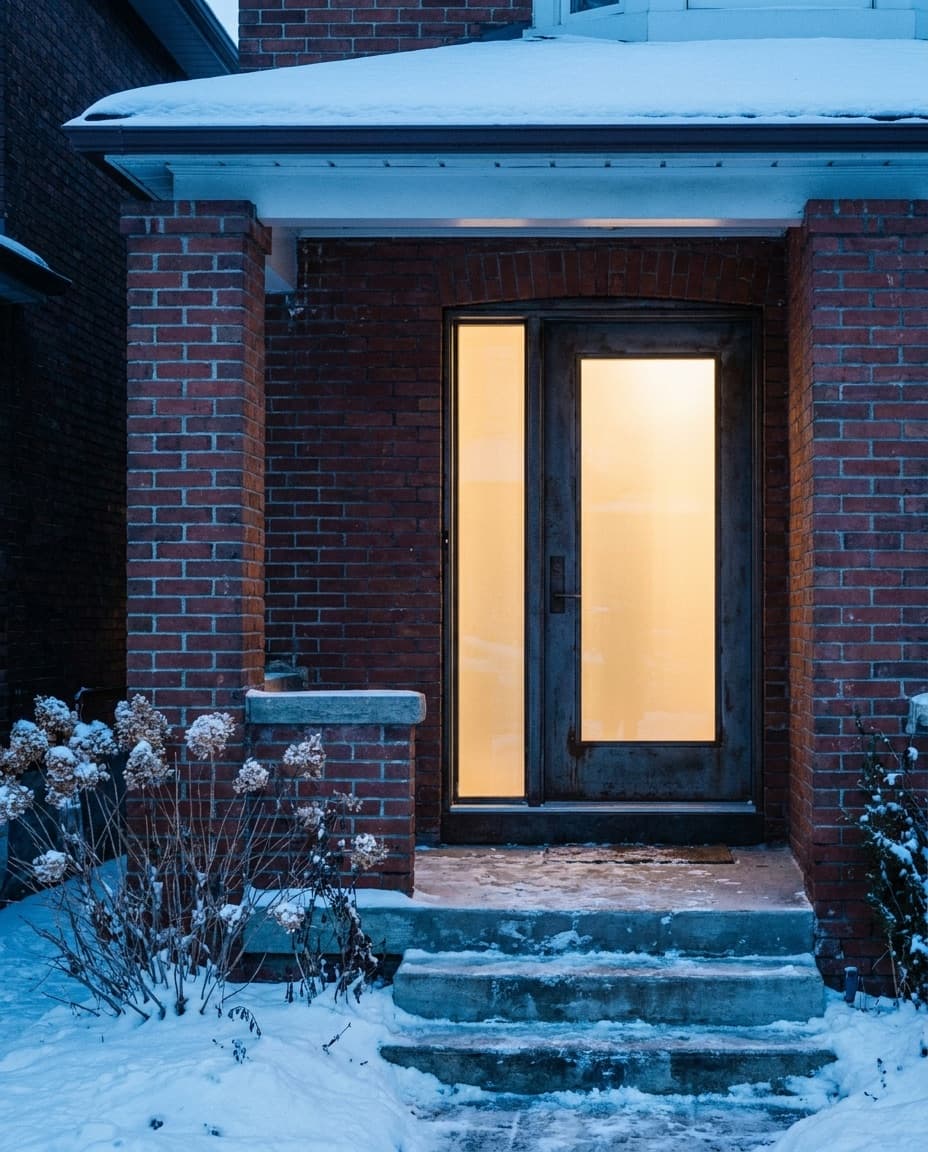 Fiberglass entry door on a red-brick porch, cold exterior tones grading to warm glow through the glass