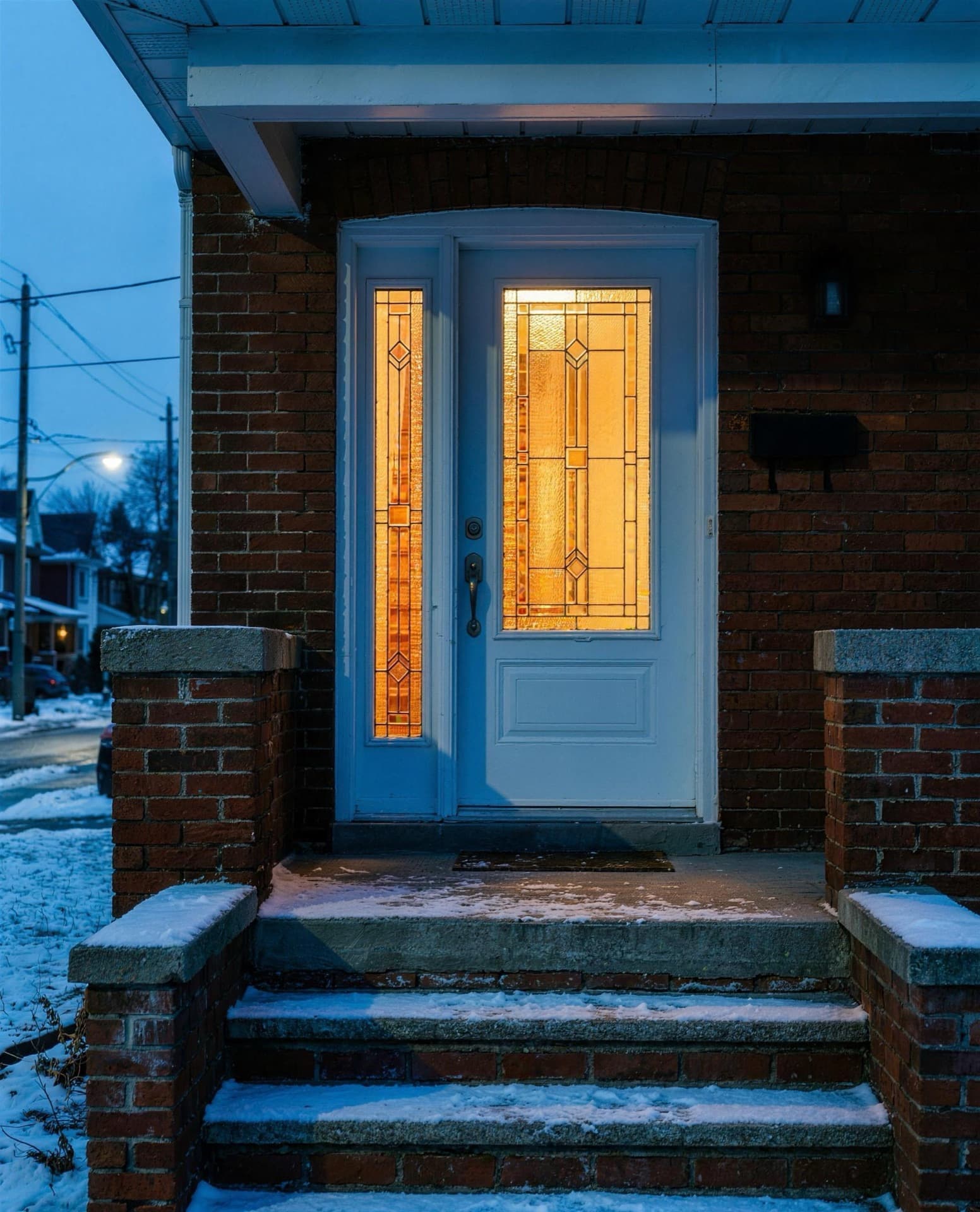 Fiberglass entry door with sidelite on a red-brick porch, cold exterior tones grading to warm glow through the glass