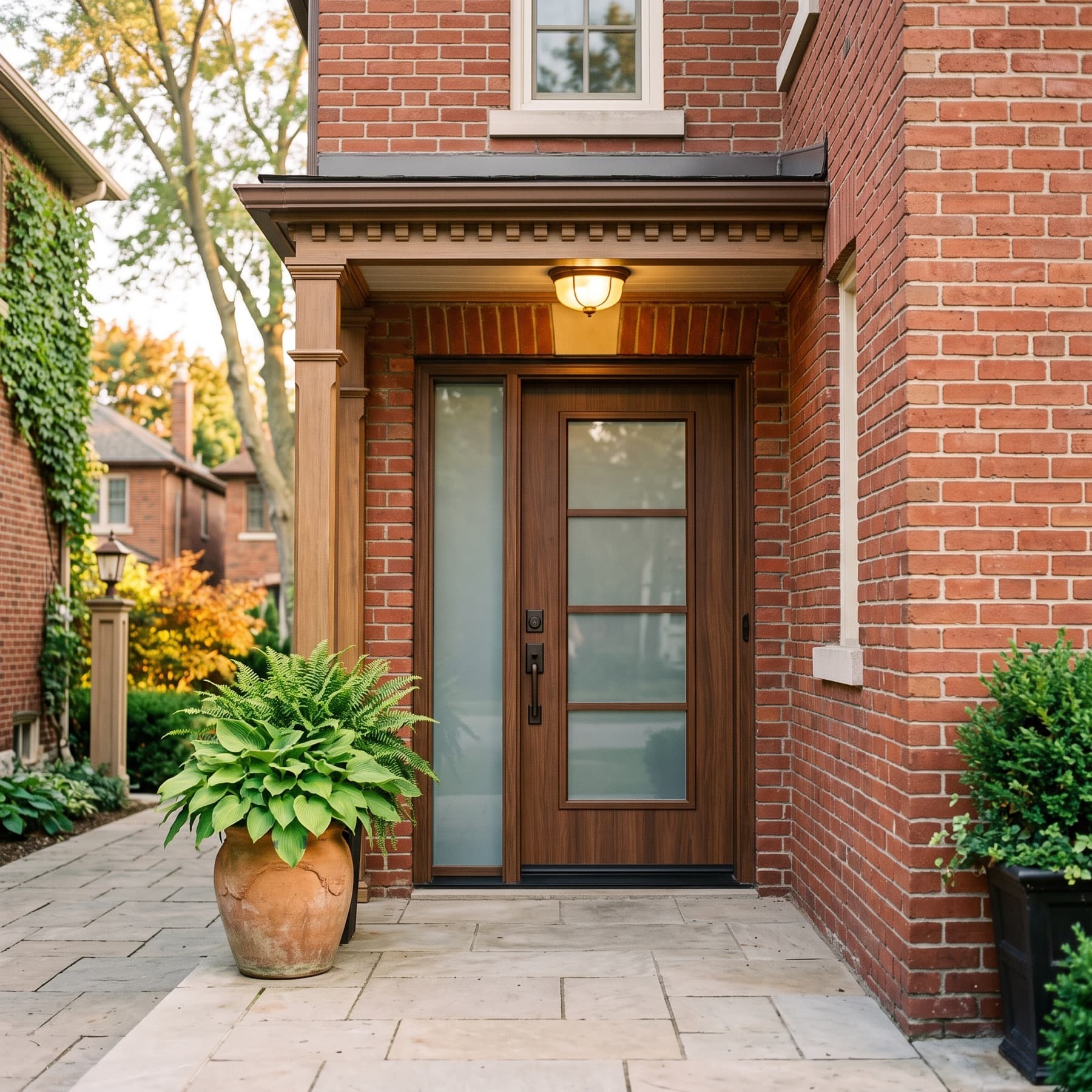 Fiberglass entry door with sidelite on a red-brick porch