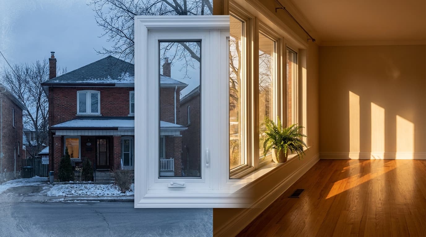 A Toronto red-brick home at dusk, the cold exterior grading into warm golden interior light through a new casement window