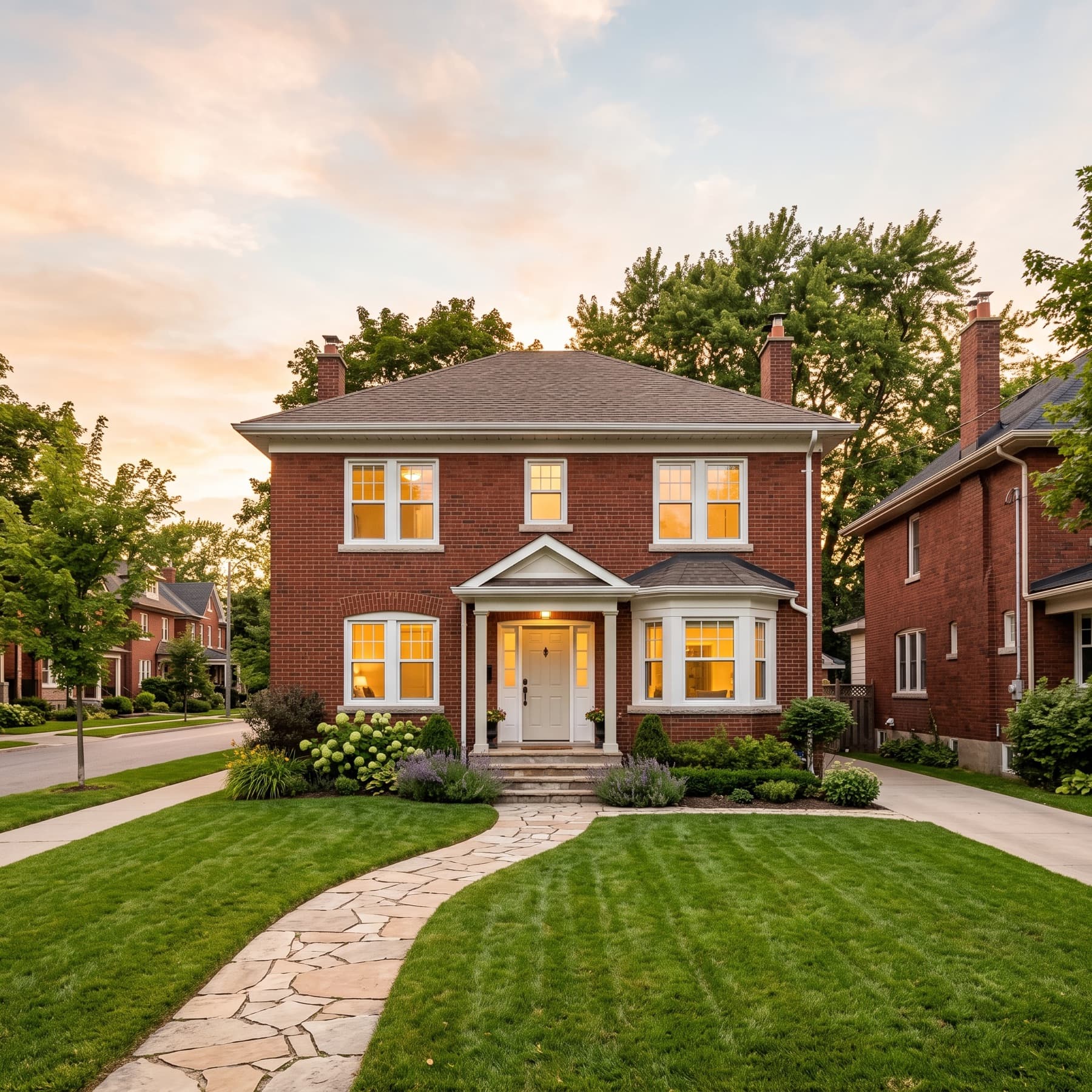 A Toronto red-brick home with warmly lit windows at dusk
