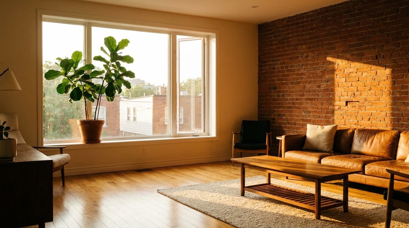 Warm golden hour light pouring through a new casement window onto a Toronto living room with hardwood floors and an exposed brick accent wall