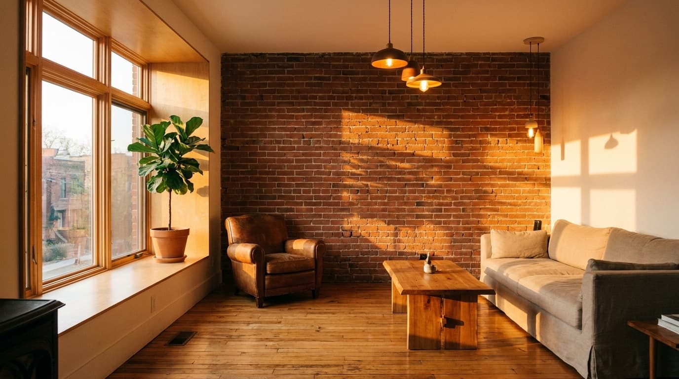 Warm golden hour light pouring through a new window onto hardwood floors