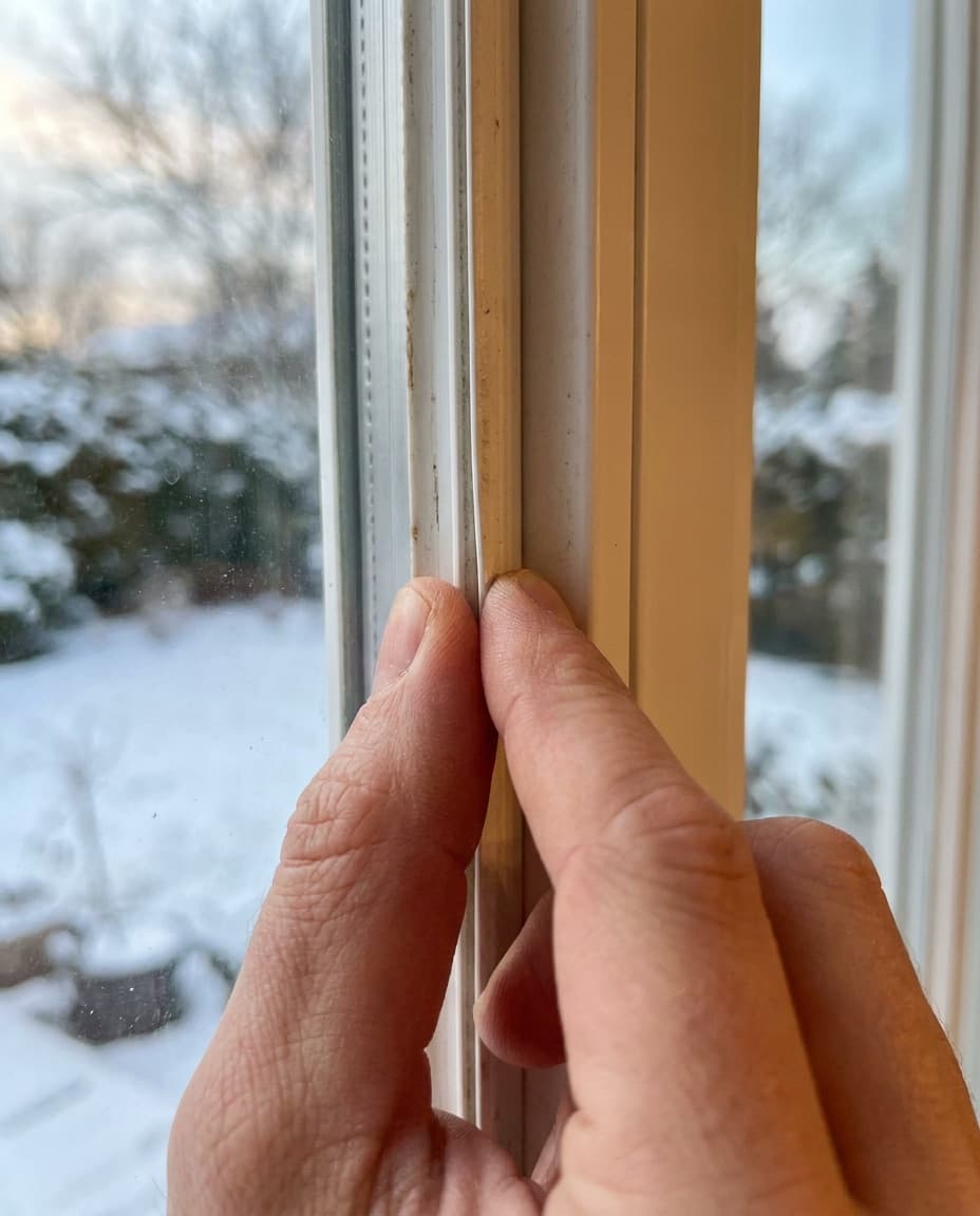 A hand testing the sealed edge of a closed casement window frame for drafts