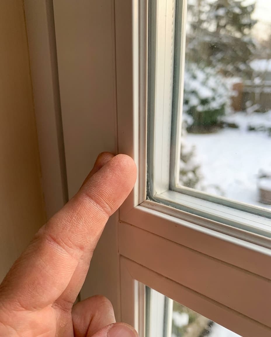 A hand testing the sealed edge of a closed window frame for drafts