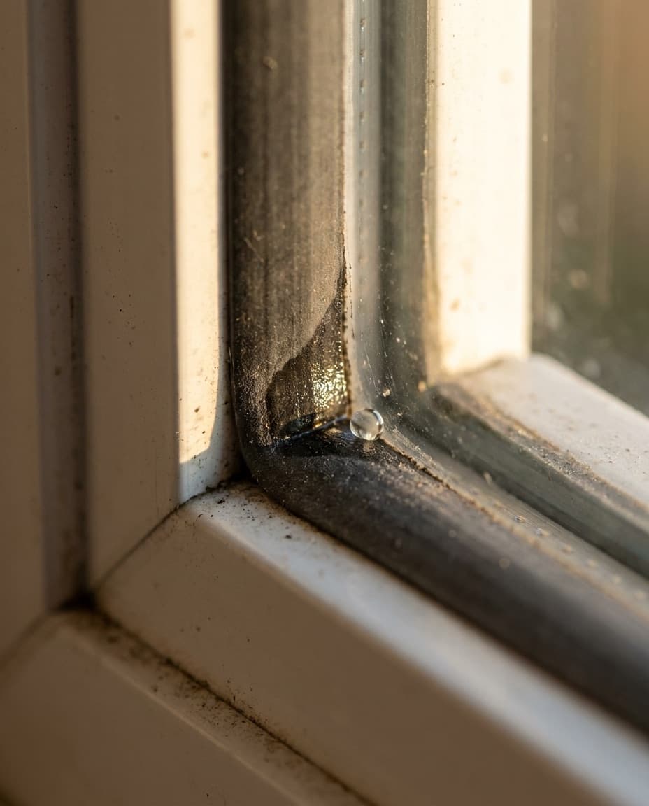 Macro close-up of a compression seal closing on a casement window