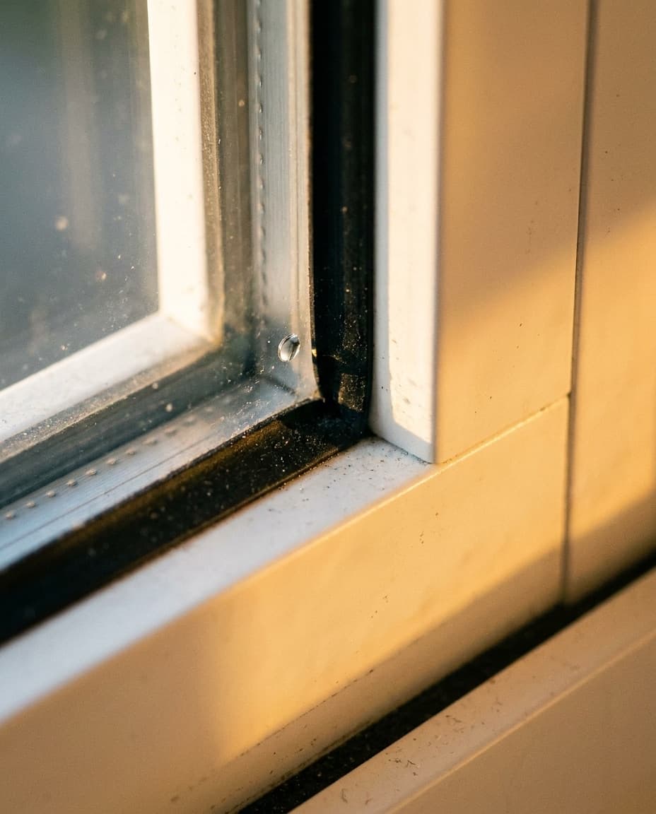 Macro close-up of a compression seal closing tight on a window frame