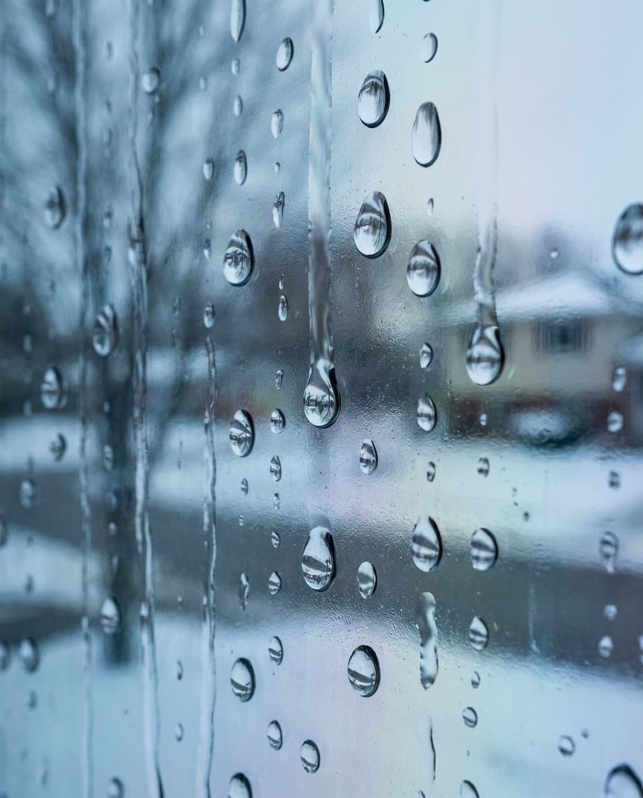 Water beading and rolling off the surface of a new low-E coated window pane
