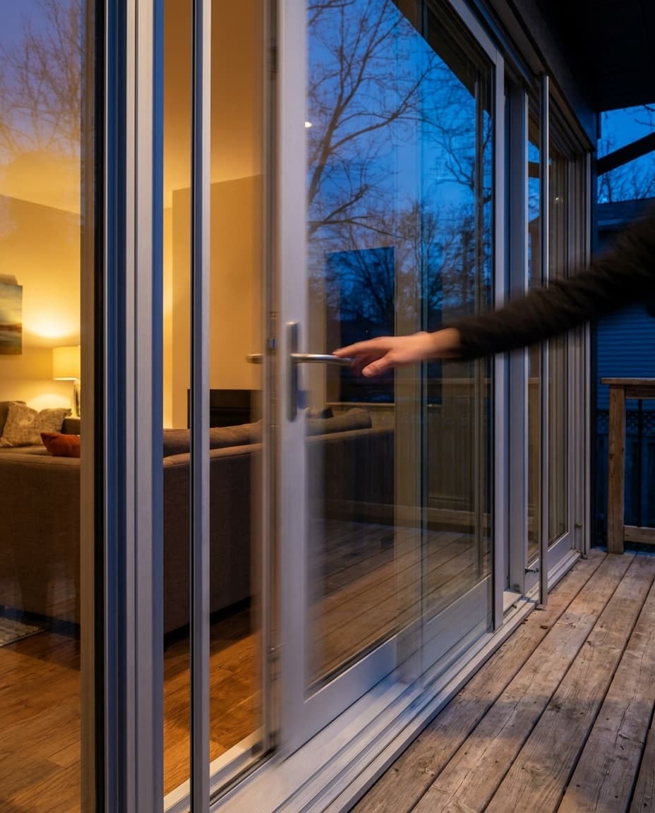 A patio door gliding open onto a Toronto backyard in warm light