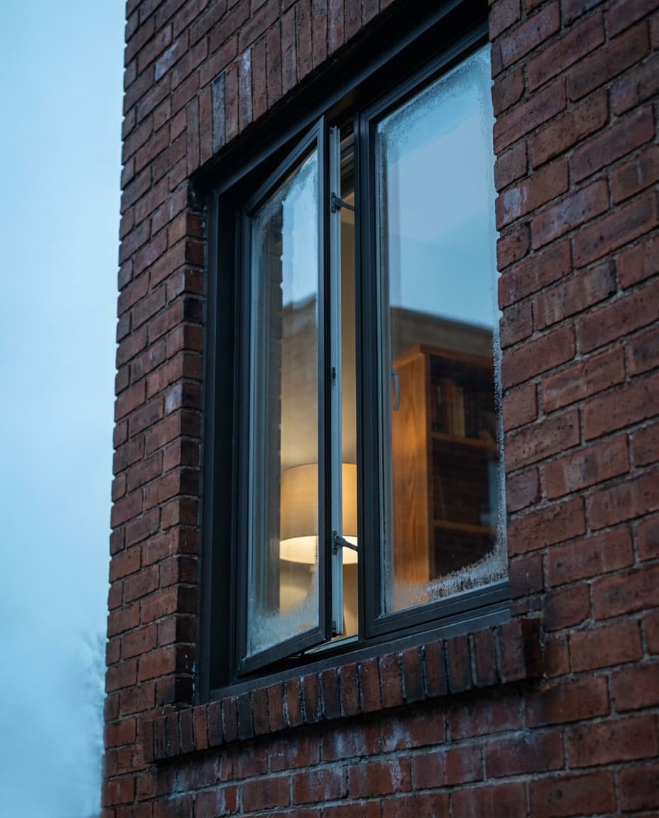 A black-frame casement window cranked open, cold exterior tones grading to warm interior light through the glass