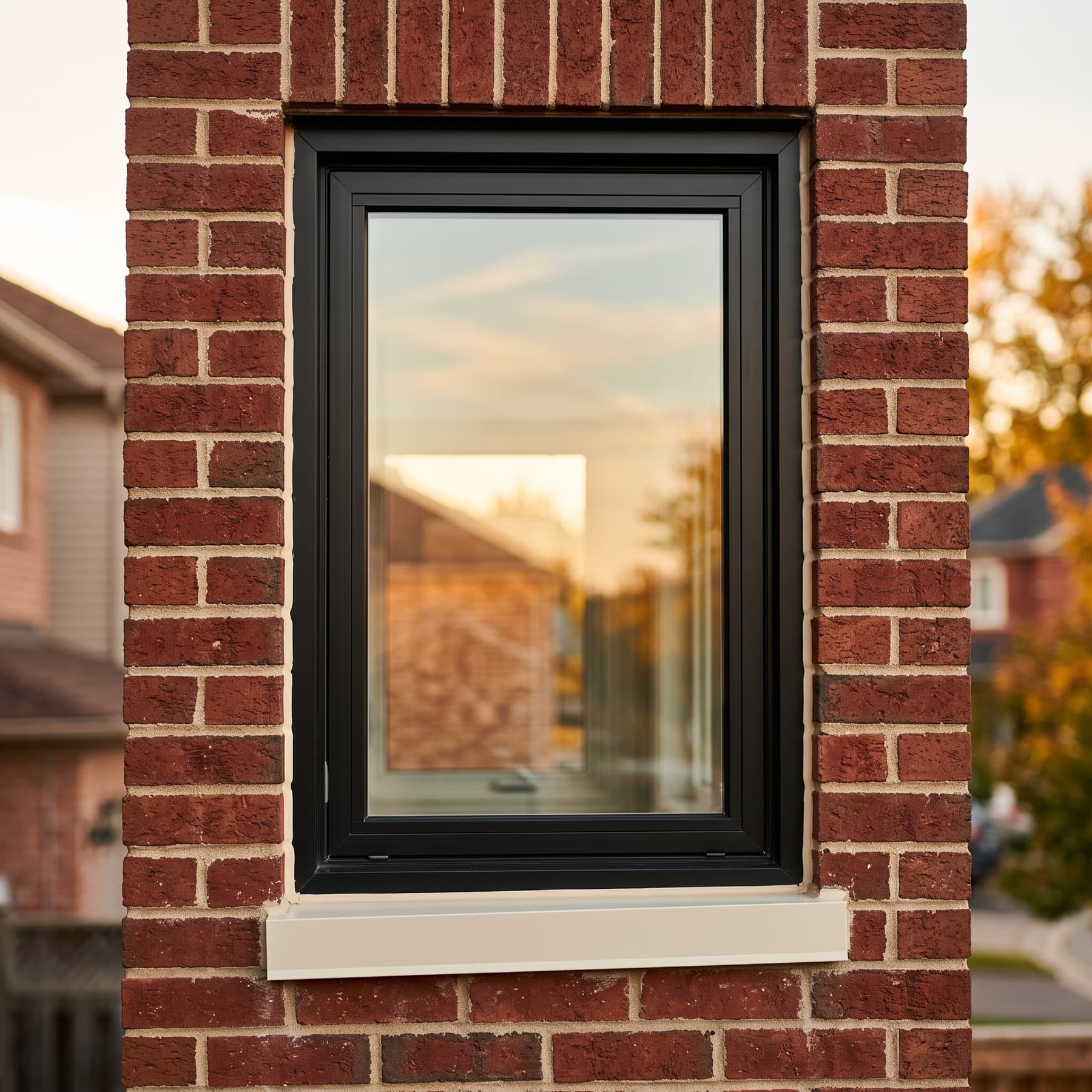 A black-frame casement window set into a red-brick Toronto facade, sunset light in the reflection